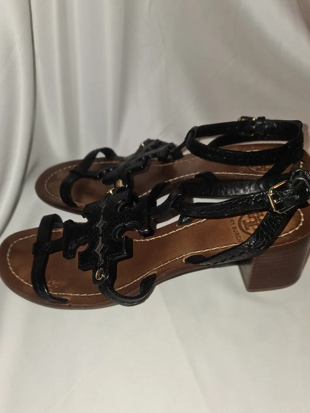 TORY BURCH Chandler tumbled leather block heel black sandals, 6.5